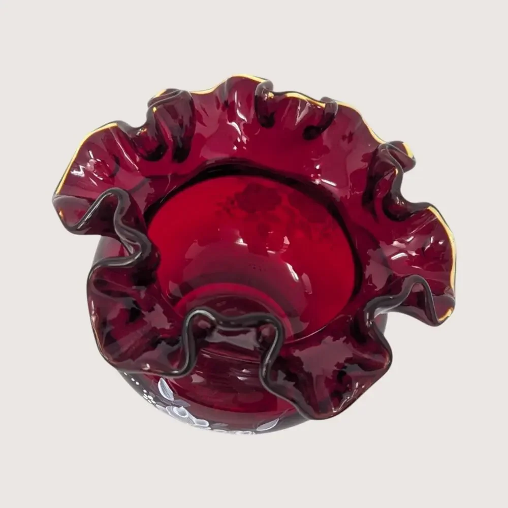 1980s Fenton Ruby Red Glass Hand Painted Ruffled Vase